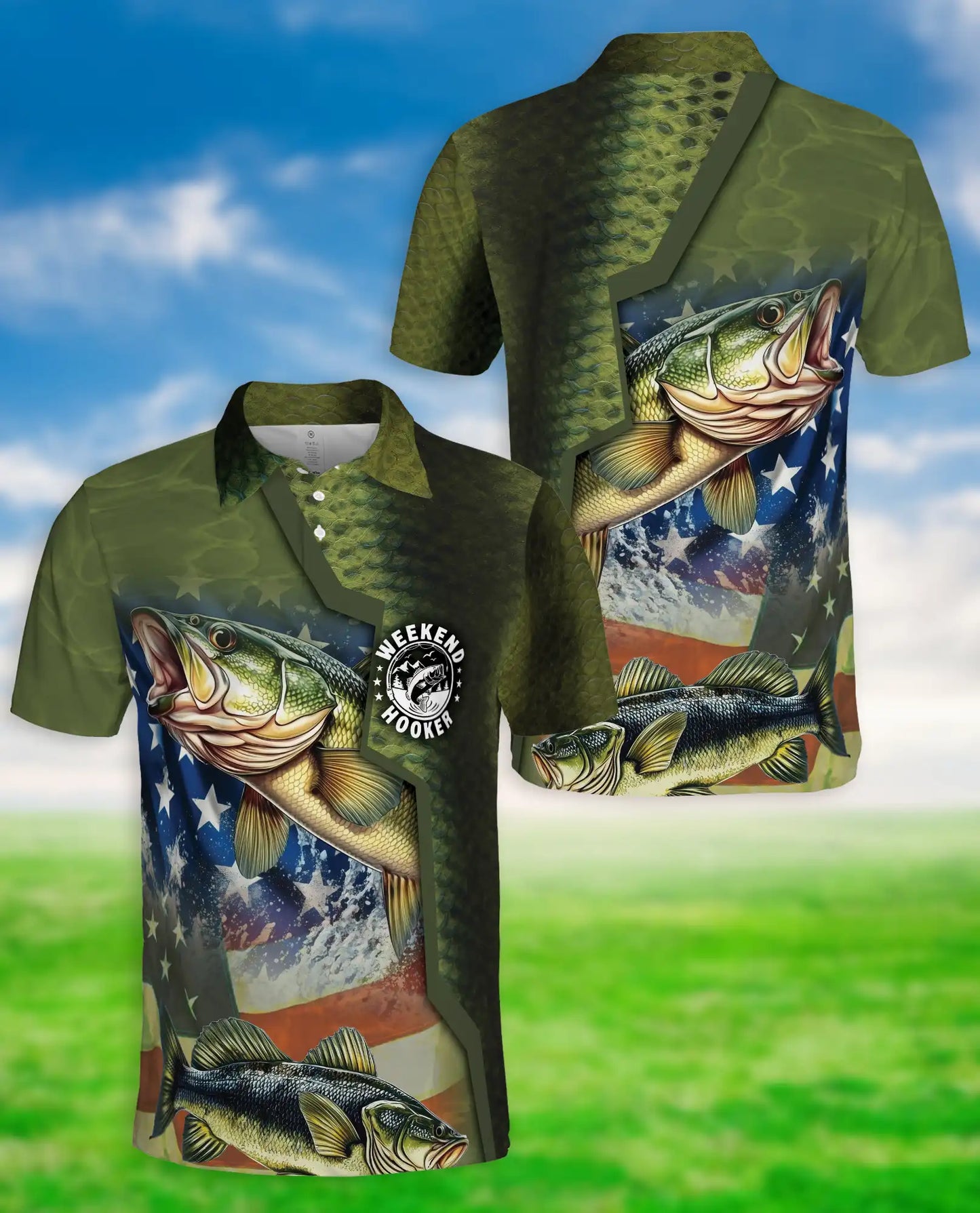 Weekend Hooker Bass Fishing 3D Polo Shirt for Men, Patriotic Angler Style | Azhawaiian