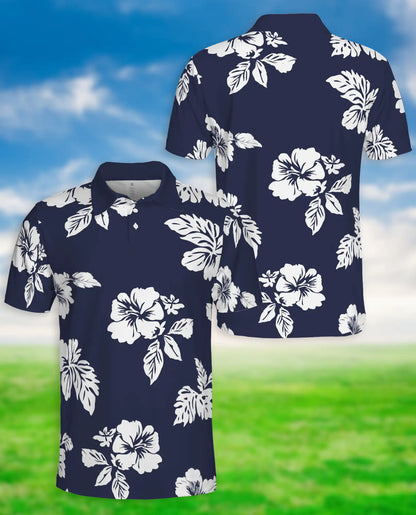 Navy Blue Hibiscus Polo Shirt for Men- Print Tropical Floral | Azhawaiian