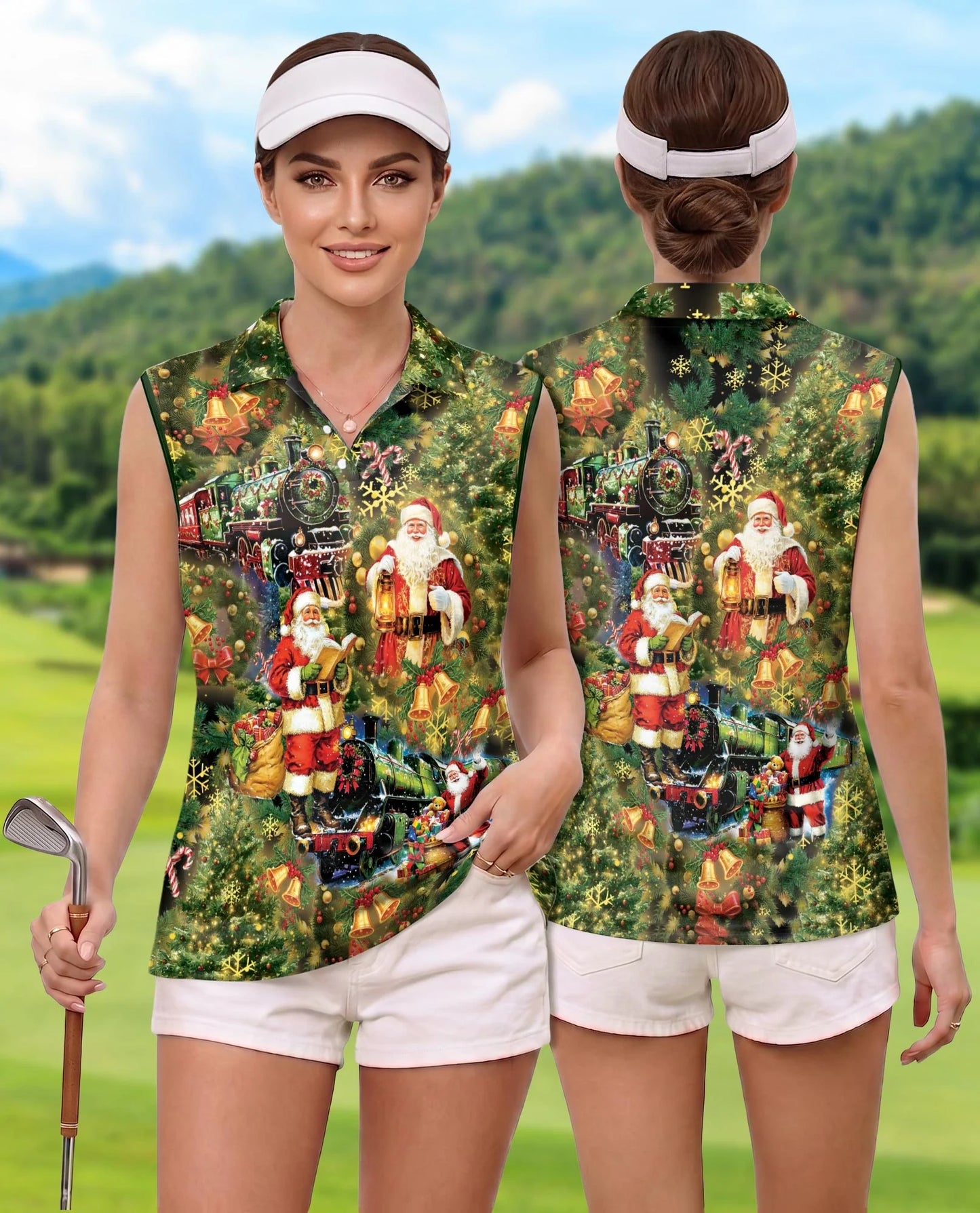 Vintage Santa Claus Sleeveless Polo Shirt for Women | Azhawaiian