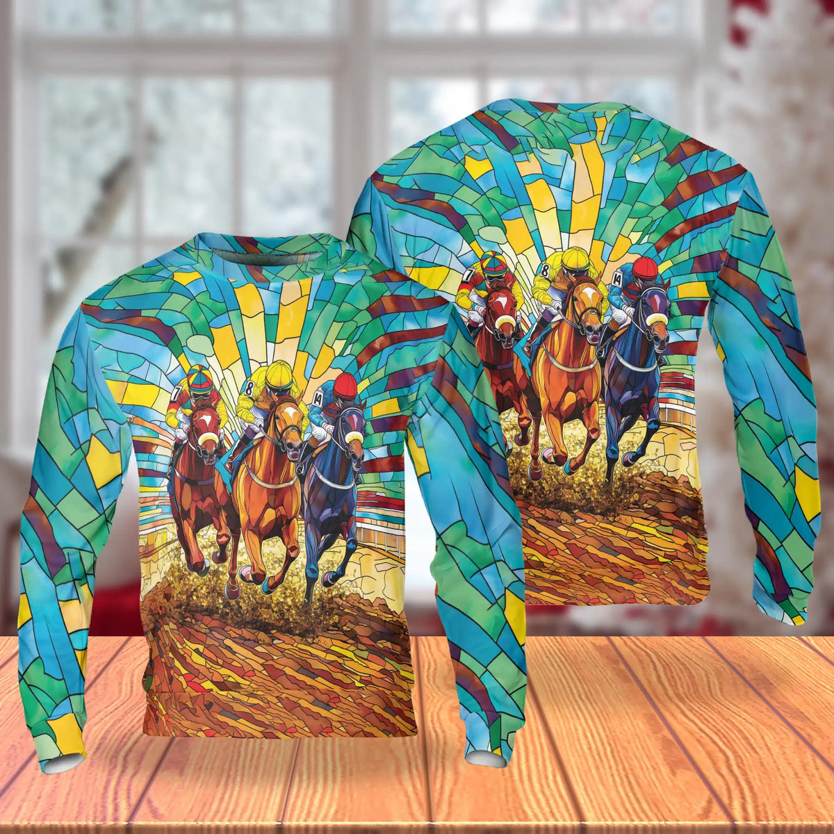 Faux Stained Glass Horse Jockey Sweatshirt – Colorful Graphic 3D All Over Print Design