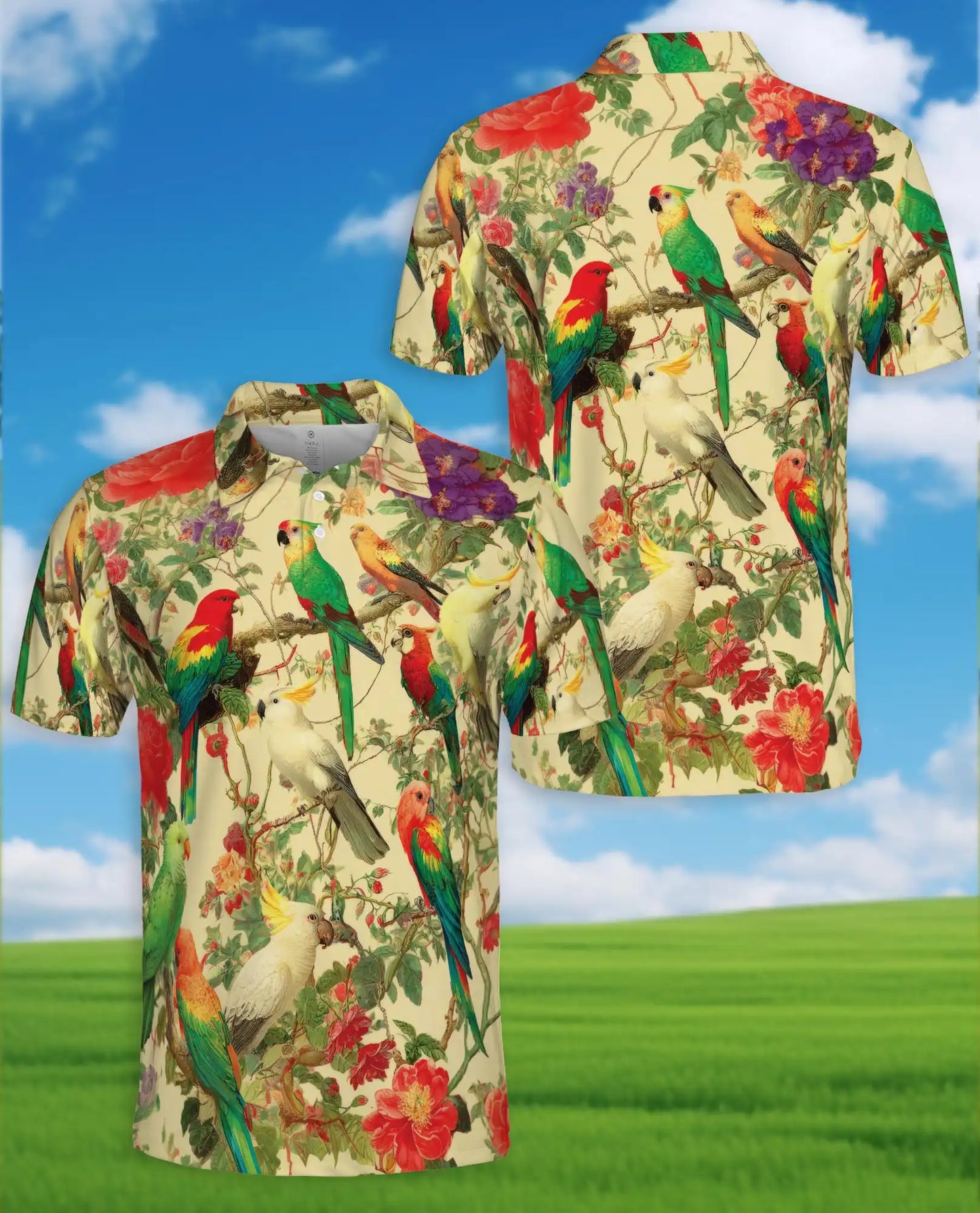 Tropical Birds Polo Shirt for Men, Colorful Parrot Print | Azhawaiian