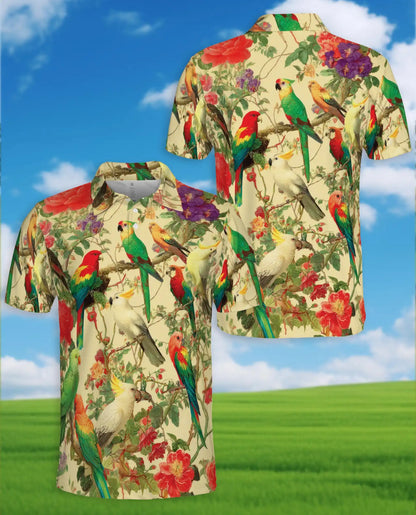 Tropical Birds Polo Shirt for Men, Colorful Parrot Print | Azhawaiian