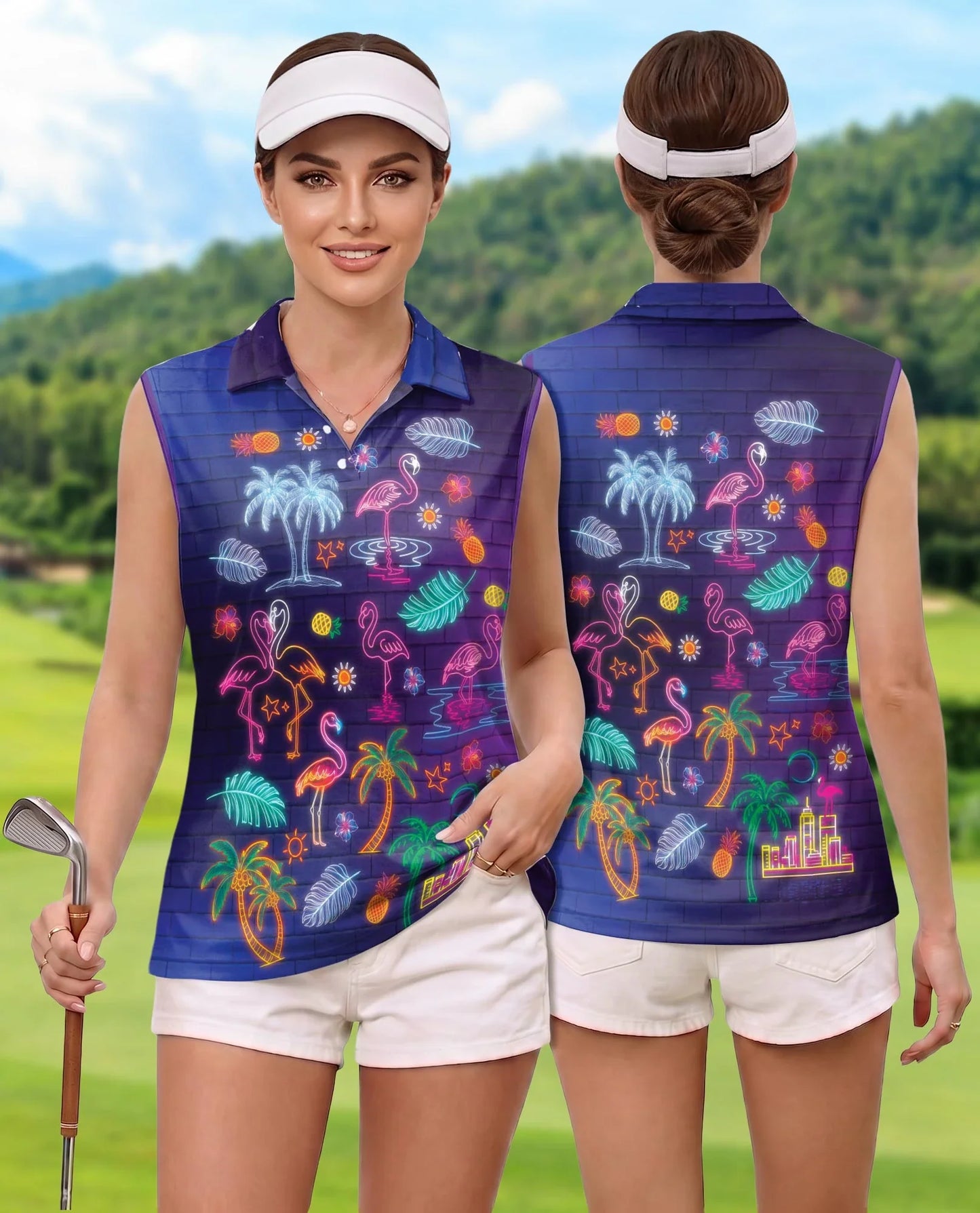Synthwave Neon Tropical Sleeveless Polo Shirt for Women | Azhawaiian