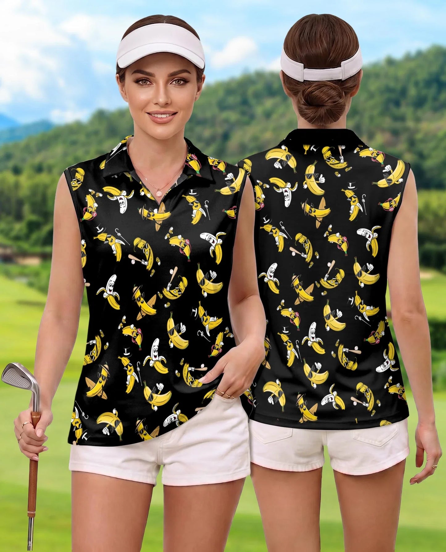Banana Pattern Sleeveless Polo Shirt for Women | Azhawaiian