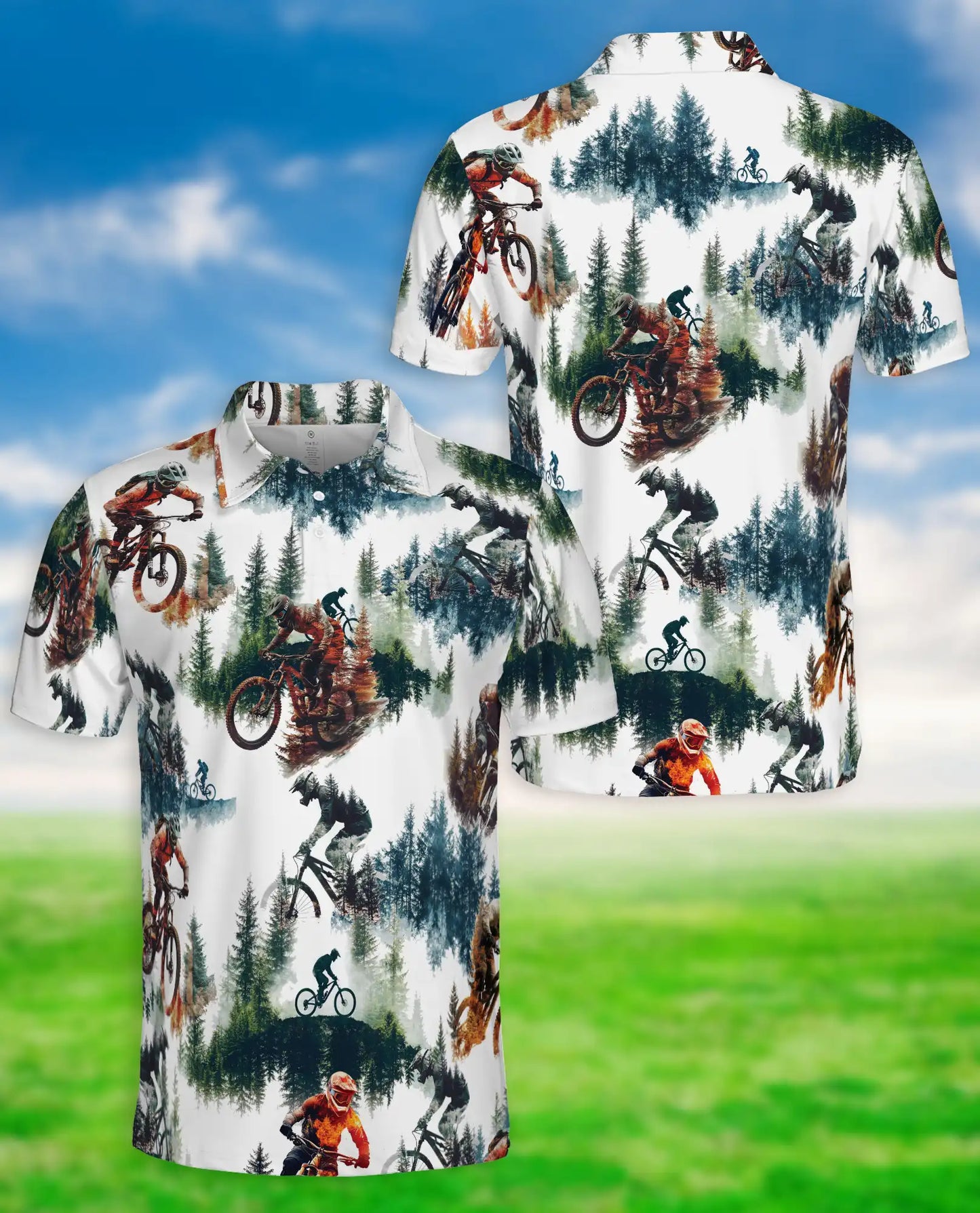 Mountain Bike Forest 3D Polo Shirt for Men, Extreme Cycling Outdoor Style | Azhawaiian