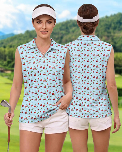 Light Blue Cherry Sleeveless Polo Shirt for Women, Sweet Fruit Summer Style | Azhawaiian