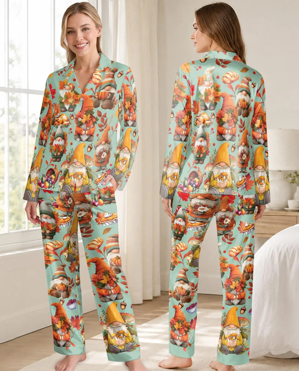 Thanksgiving Gnome Pajama Set for Women – Fall Pumpkins & Autumn Leaves Print