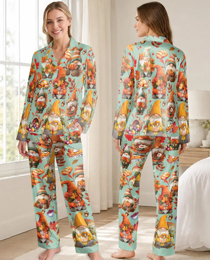 Thanksgiving Gnome Pajama Set for Women – Fall Pumpkins & Autumn Leaves Print
