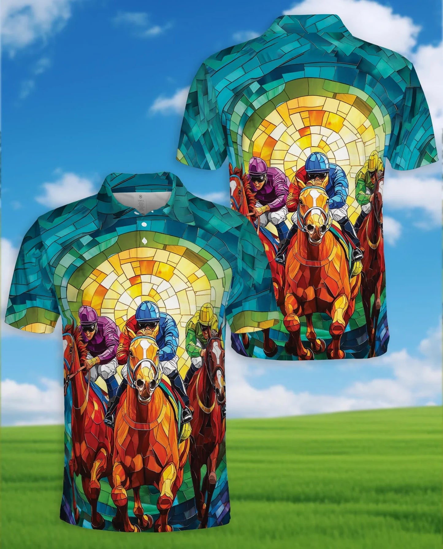 Stained Glass Racing Horse Polo Shirt for Men, Artistic Equestrian Style | Azhawaiian