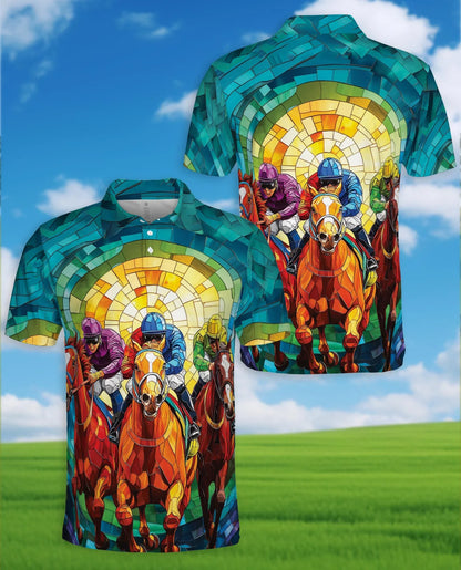 Stained Glass Racing Horse Polo Shirt for Men, Artistic Equestrian Style | Azhawaiian