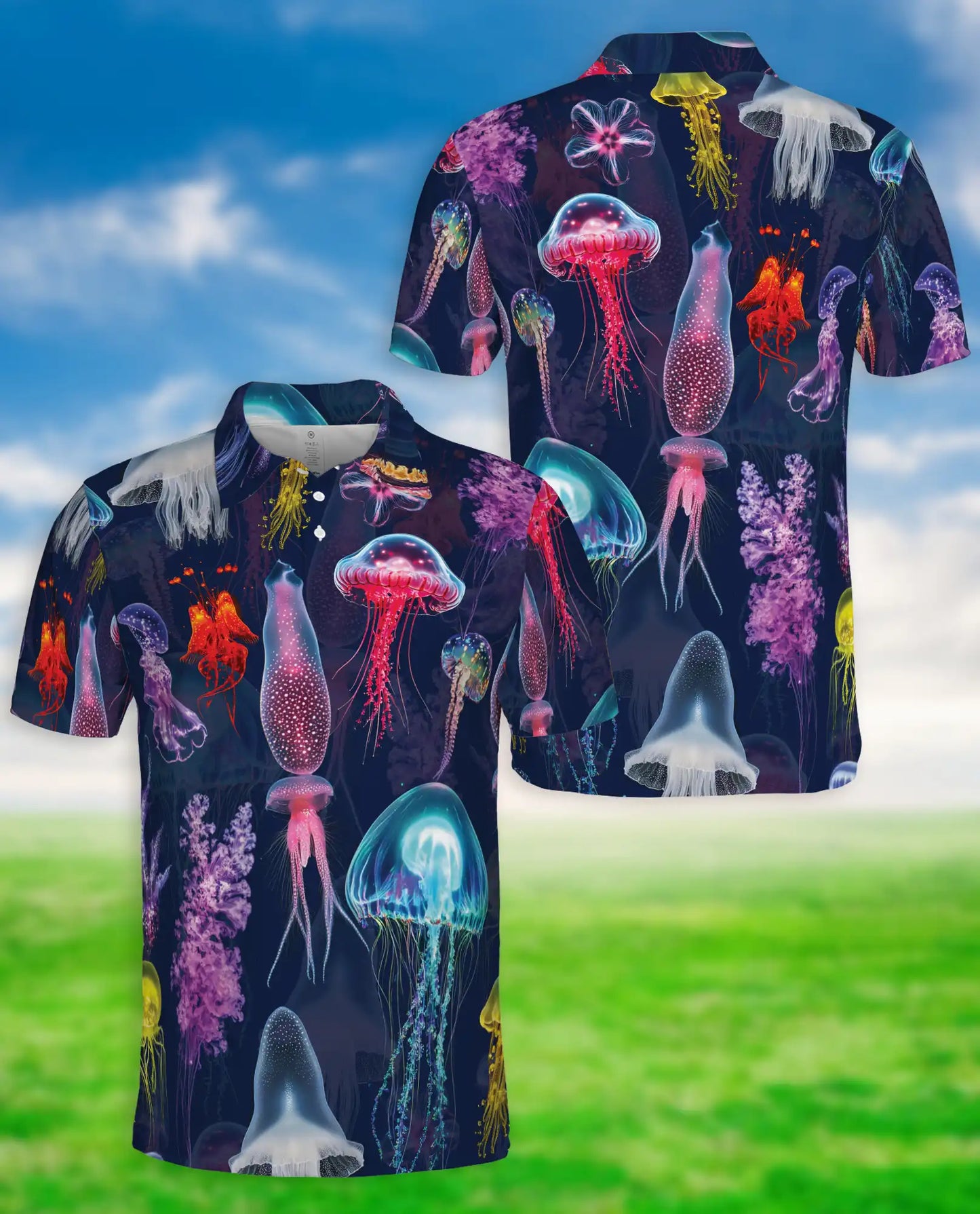 Jellyfish Polo Shirt, Colorful Deep Sea Ocean Print | Azhawaiian
