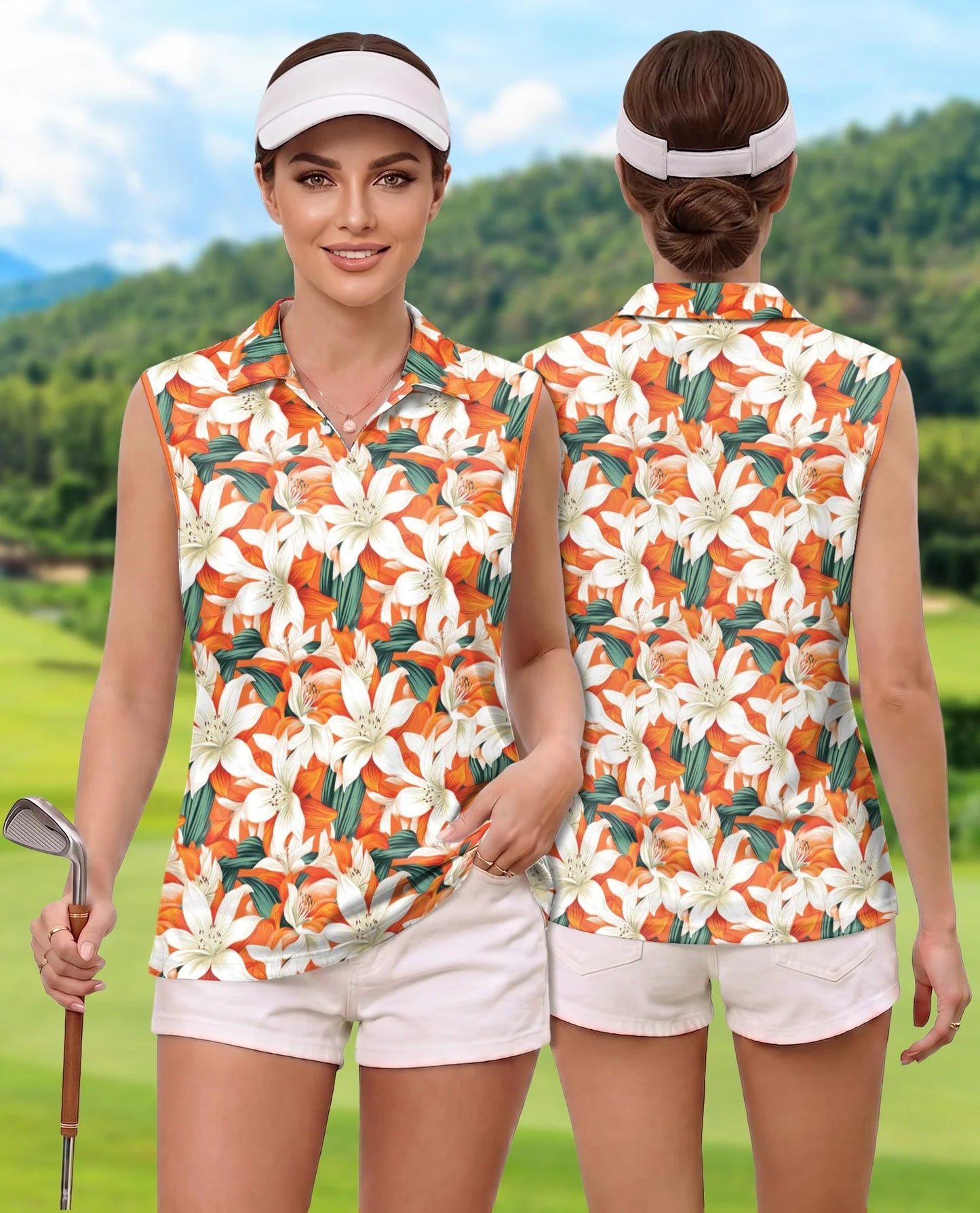 Orange Lily Print Sleeveless Polo Shirt for Women, Elegant Floral Style