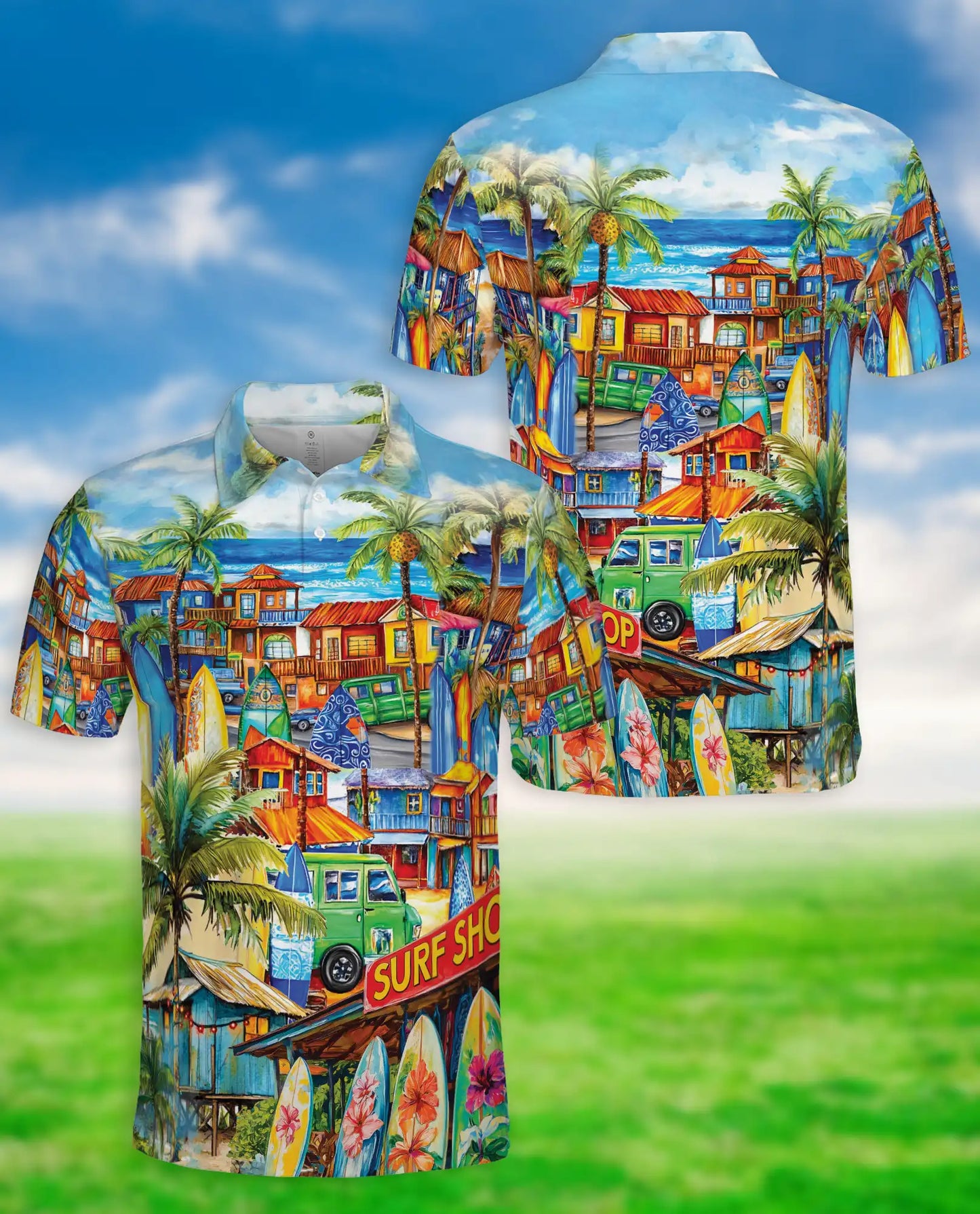 Tropical Surf Town 3D Polo Shirt for Men, Colorful Beach Vacation Style | Azhawaiian