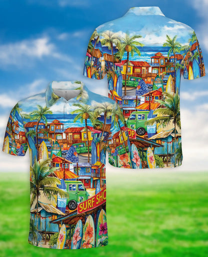 Tropical Surf Town 3D Polo Shirt for Men, Colorful Beach Vacation Style | Azhawaiian