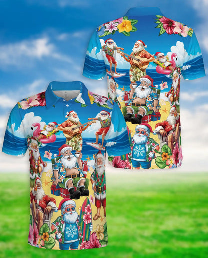 Santa Beach Holiday Polo Shirt for Men, Summer Hawaiian Xmas Shirt | Azhawaiian