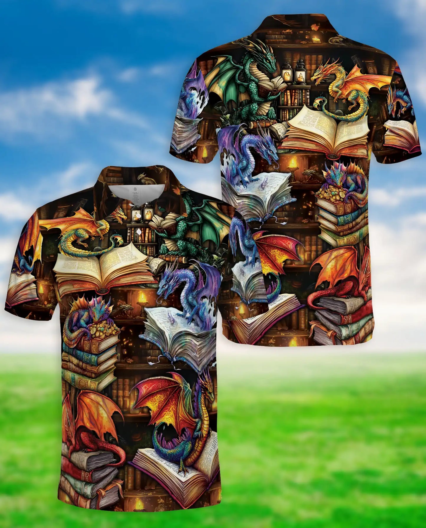 Fantasy Dragon Library 3D Polo Shirt for Men, Magical Book Art Style | Azhawaiian