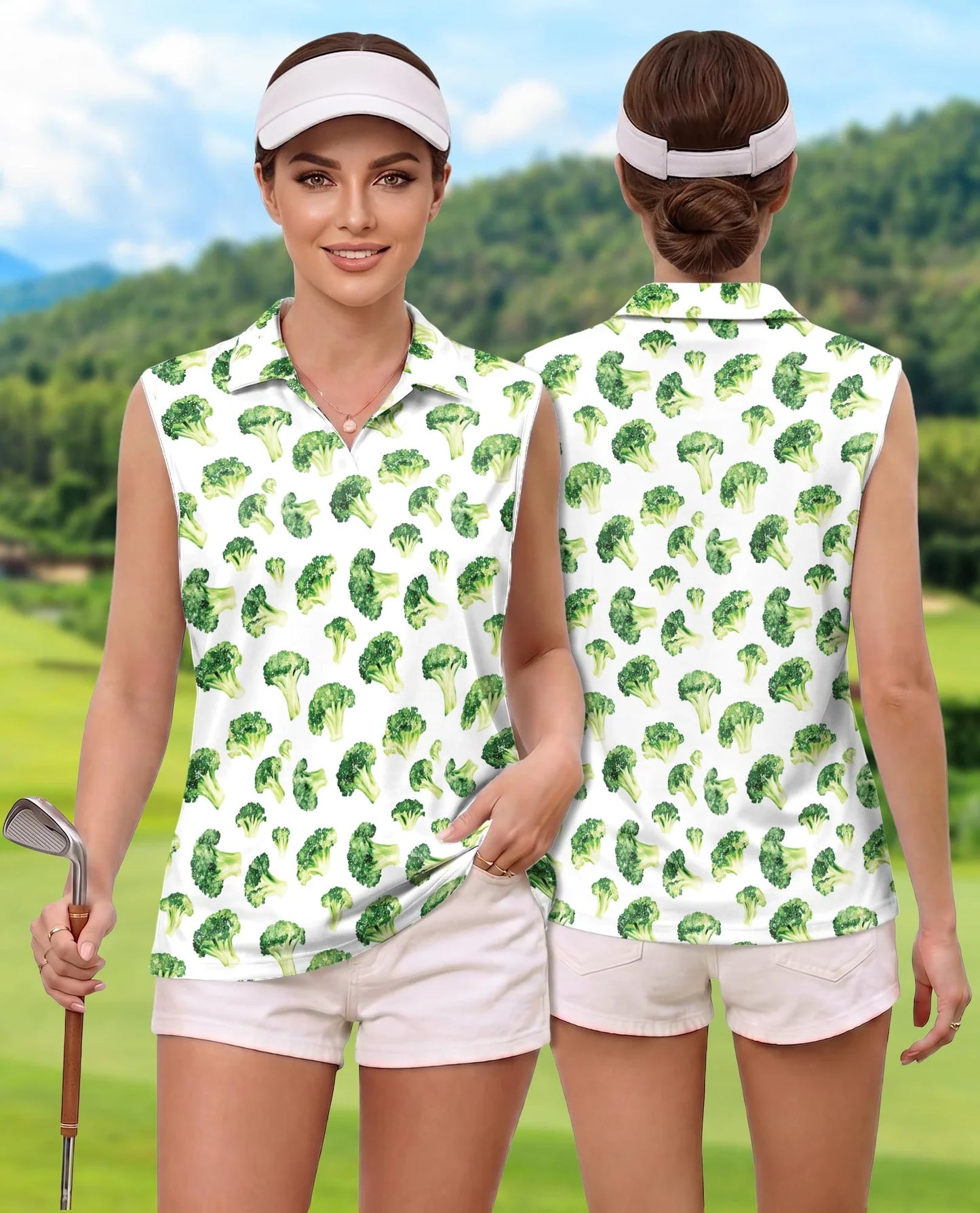 Broccoli Pattern Sleeveless Polo Shirt for Women | Azhawaiian