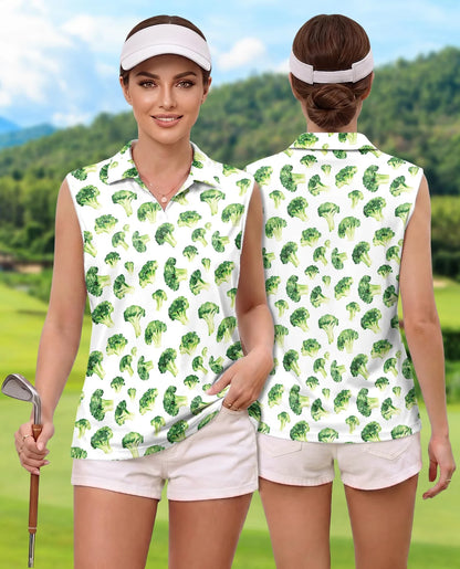 Broccoli Pattern Sleeveless Polo Shirt for Women | Azhawaiian