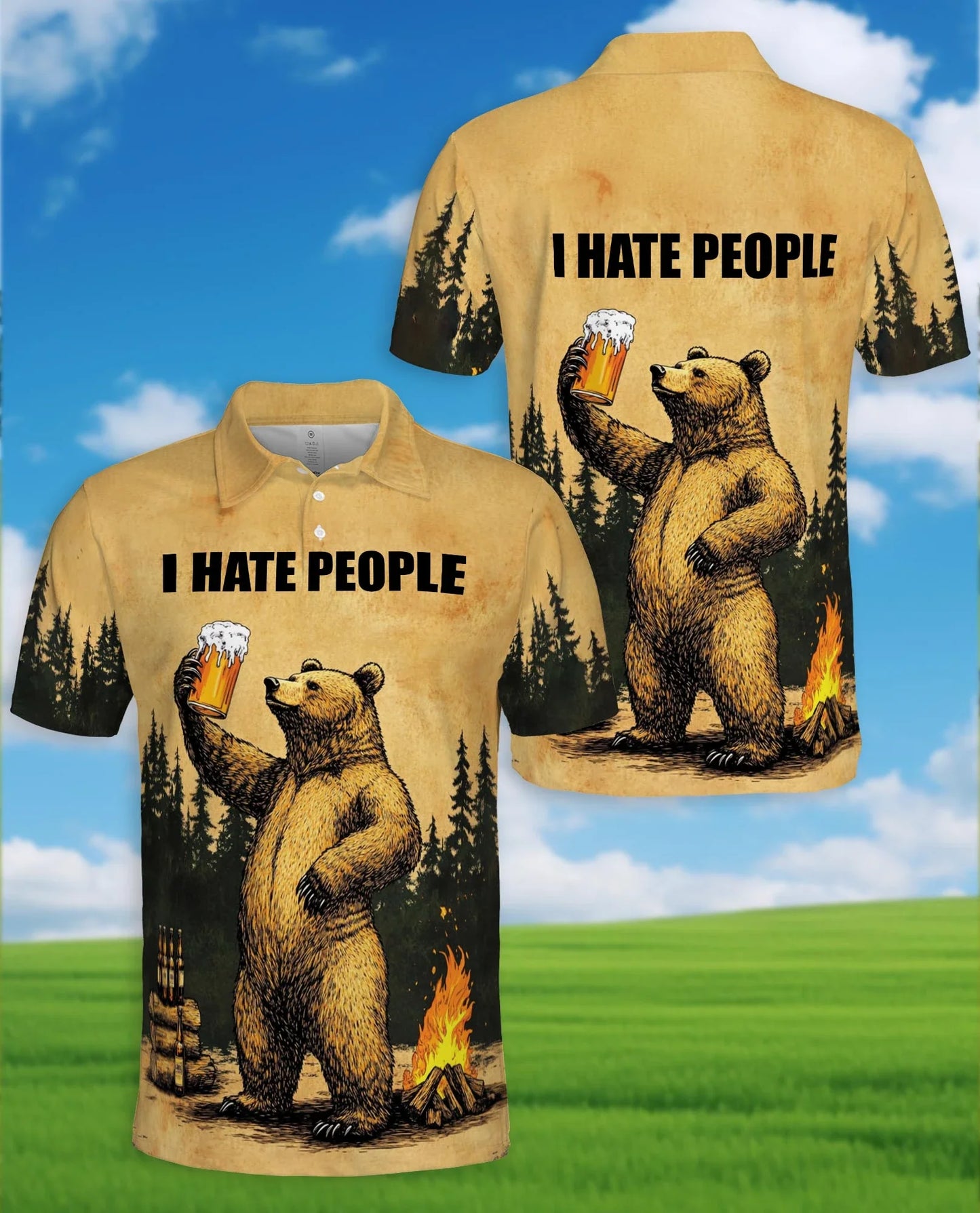 Funny Bear Camping Polo Shirt for Men, Outdoor Beer Lover Style | Azhawaiian