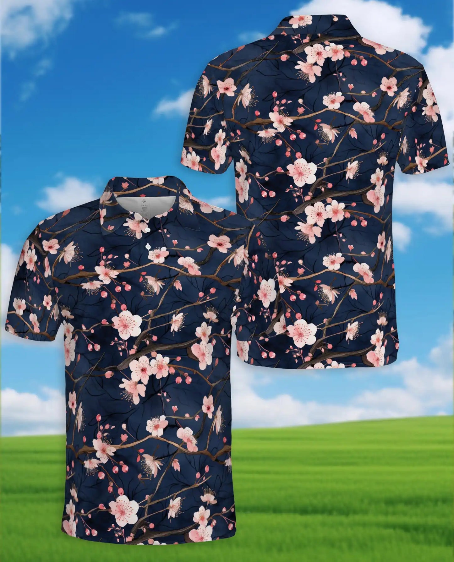 Cherry Blossom Branch Polo Shirt for Men, Spring Floral Style | Azhawaiian