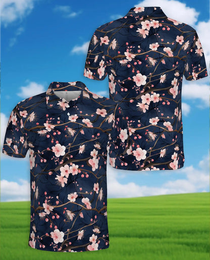 Cherry Blossom Branch Polo Shirt for Men, Spring Floral Style | Azhawaiian