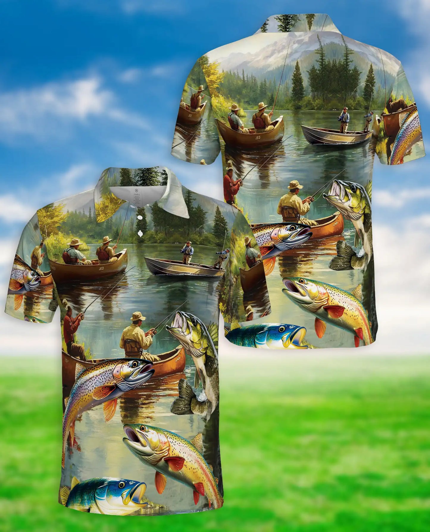 Lake Fishing Adventure 3D Polo Shirt for Men, Outdoor Angler Nature Style | Azhawaiian