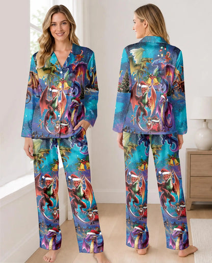 Fantasy Christmas Dragon Pajama Set for Women – Santa Hat Print