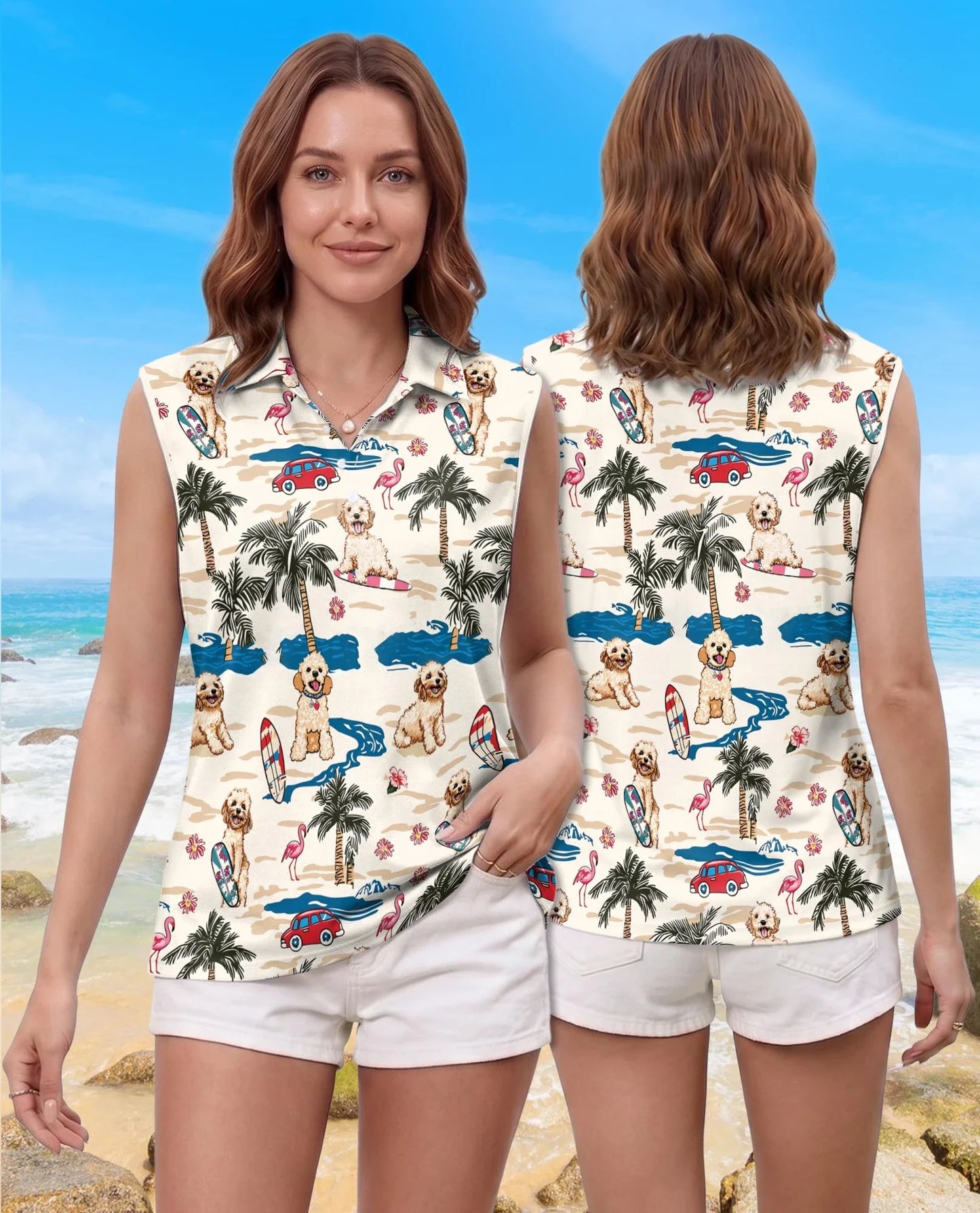 Goldendoodle Summer Beach Sleeveless Polo Shirt for Women | Azhawaiian