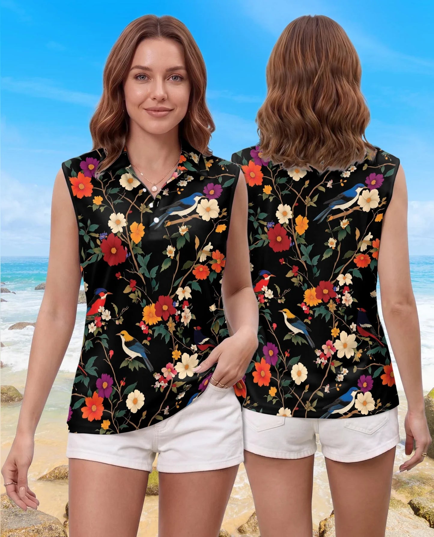 Bird and Flower Sleeveless Polo Shirt for Women | Azhawaiian