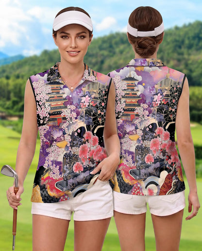 Japanese Ukiyo-e Sakura Cherry Blossom Sleeveless Polo Shirt for Women | Azhawaiian