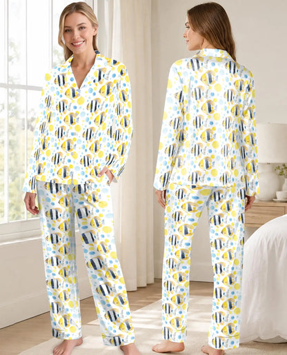 Tropical Fish Pajama Set for Women – Yellow Striped Fish & Blue Polka Dot Print