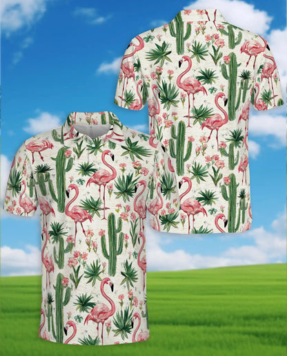 Pink Flamingo Cactus Polo Shirt - Tropical Desert Garden Style | Azhawaiian