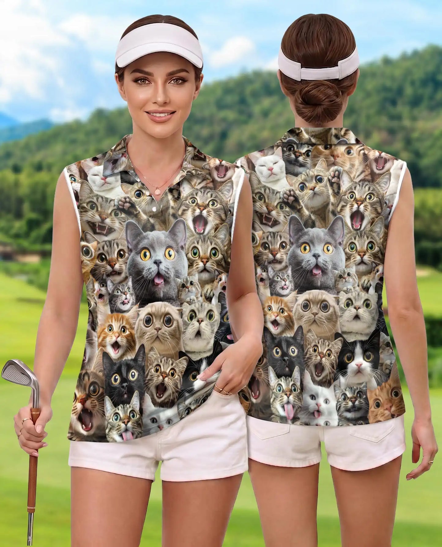 Cat Collage Sleeveless Polo Shirt for Women, Cute Feline Lover Style | Azhawaiian