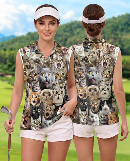 Cat Collage Sleeveless Polo Shirt for Women, Cute Feline Lover Style | Azhawaiian