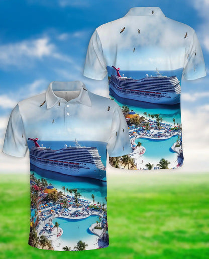 Tropical Cruise Ship 3D Polo Shirt for Men, Ocean Vacation Beach Style | Azhawaiian