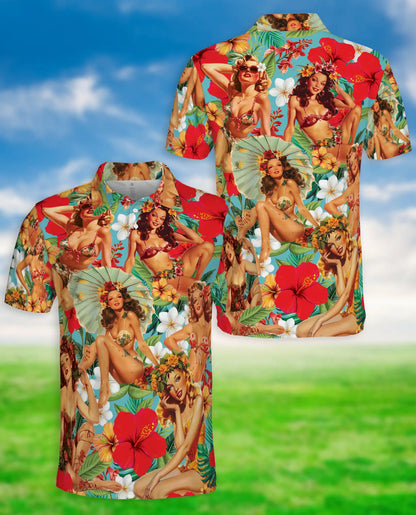 Tropical Pin Up Polo Shirt - Vintage Hawaiian Beauty Style | Azhawaiian