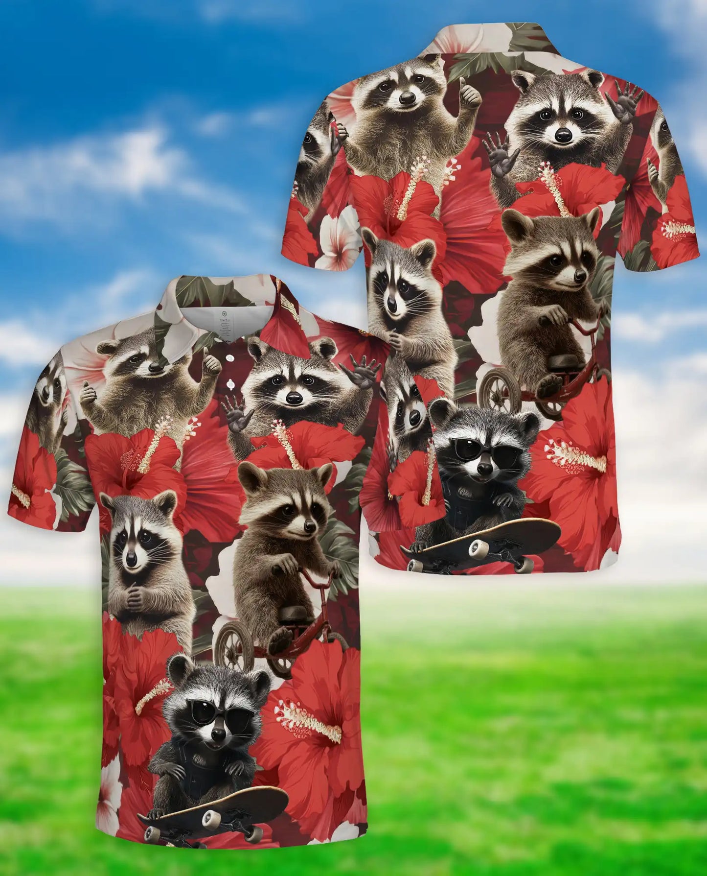 Raccoon Floral 3D Polo Shirt for Men, Funny Animal Hibiscus Style | Azhawaiian