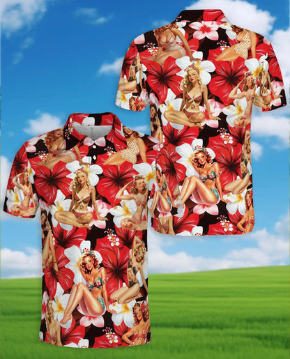 Pin Up Girl Polo Shirt, Retro Tropical Floral Print | Azhawaiian
