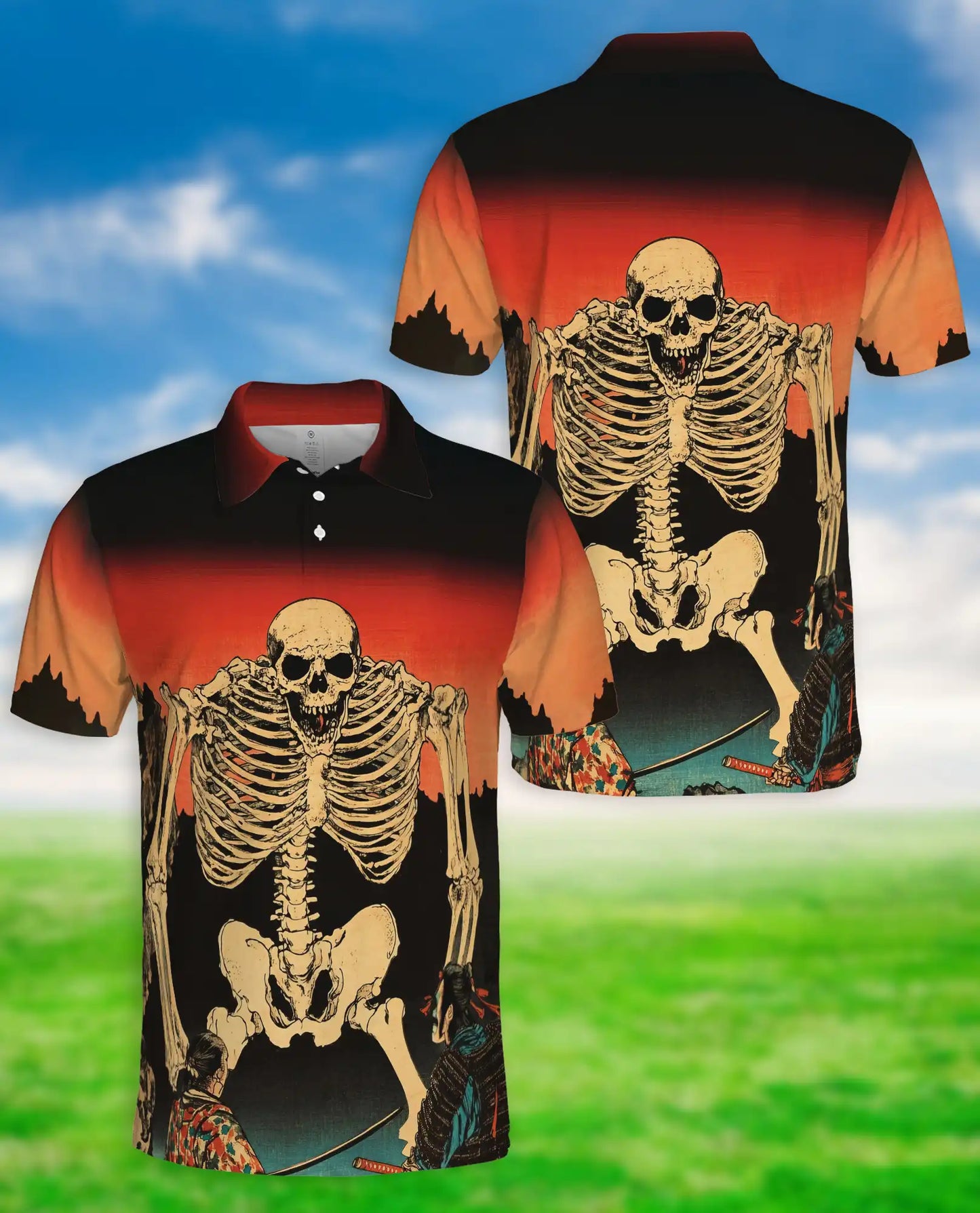 Skeleton Sunset Polo Shirt, Vintage Skull Print | Azhawaiian