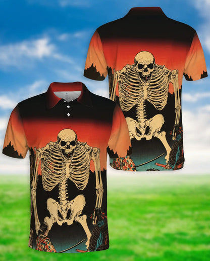 Skeleton Sunset Polo Shirt, Vintage Skull Print | Azhawaiian