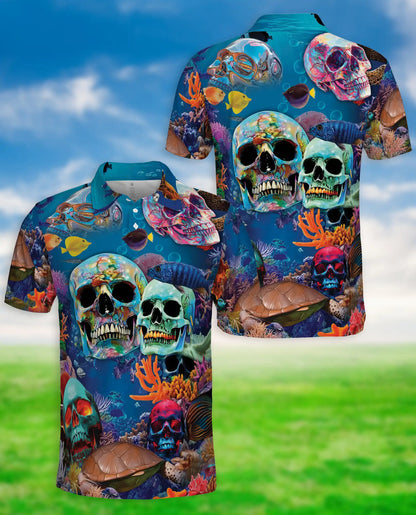 Ocean Skull 3D Polo Shirt for Men, Underwater Gothic Sea Style | Azhawaiian