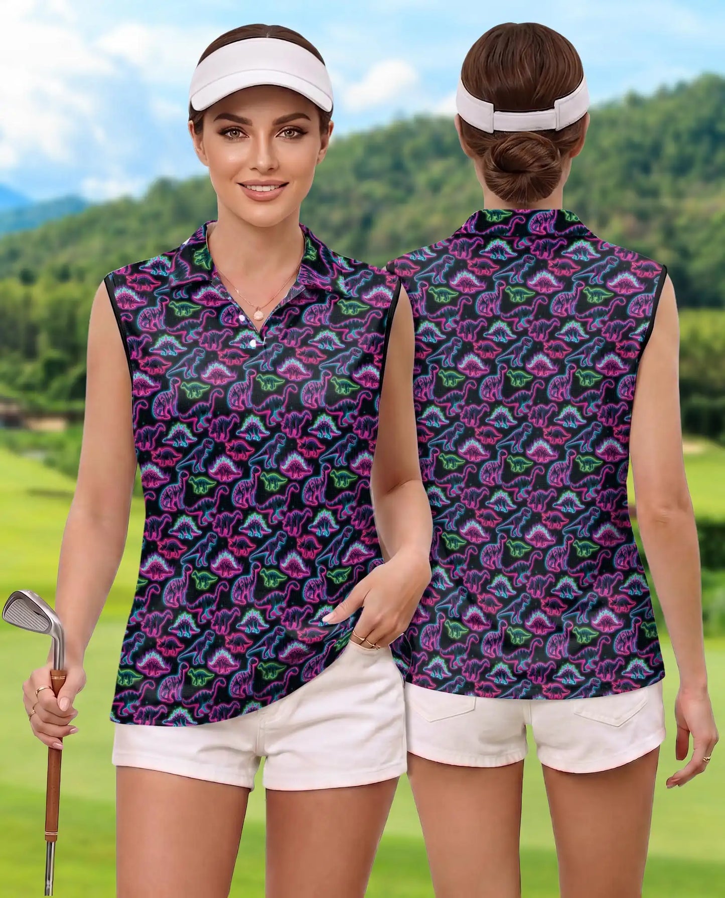Neon Dinosaur Print Sleeveless Polo Shirt for Women | Azhawaiian