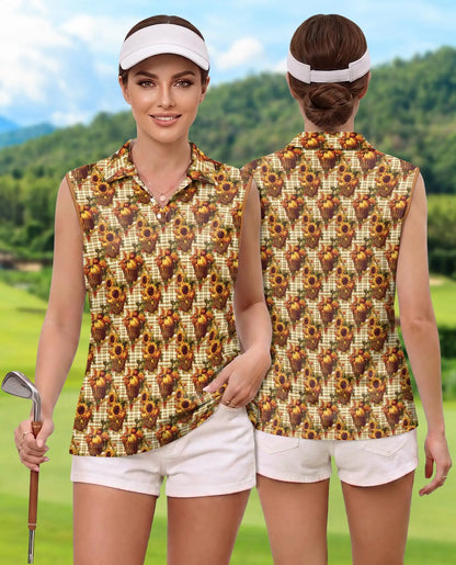 Pumpkin And Sunflower Basket Pattern Sleeveless Polo Shirt for Women  | Azhawaiian