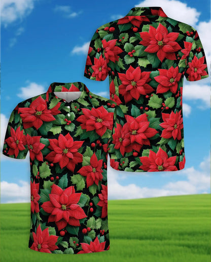 Poinsettia Christmas Polo Shirt - Holiday Floral Winter Botanical Design | Azhawaiian