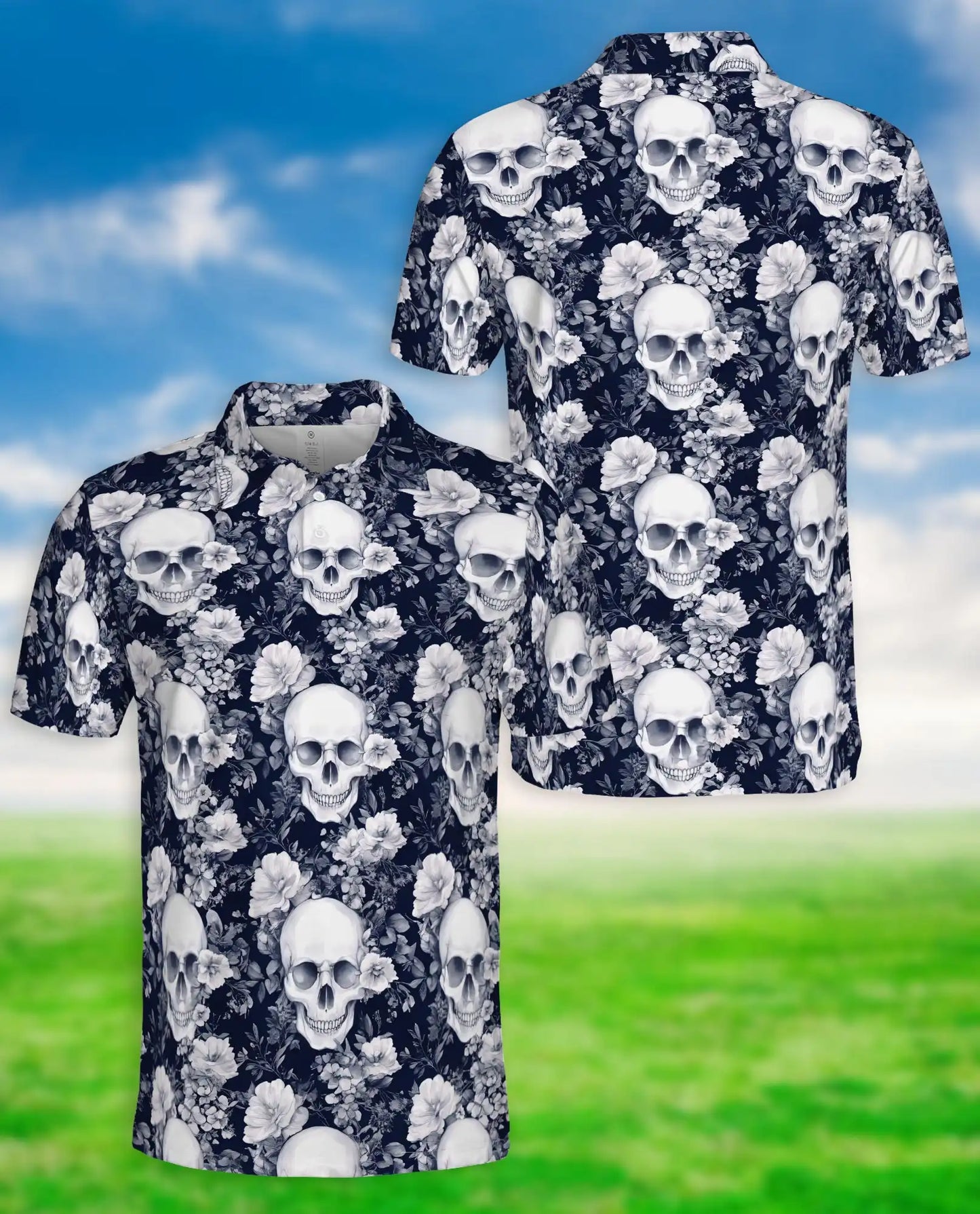 Gothic Skull Floral Hawaiian Polo Shirt | Dark Aesthetic Skull Shirt | Azhawaiian
