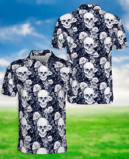 Gothic Skull Floral Hawaiian Polo Shirt | Dark Aesthetic Skull Shirt | Azhawaiian
