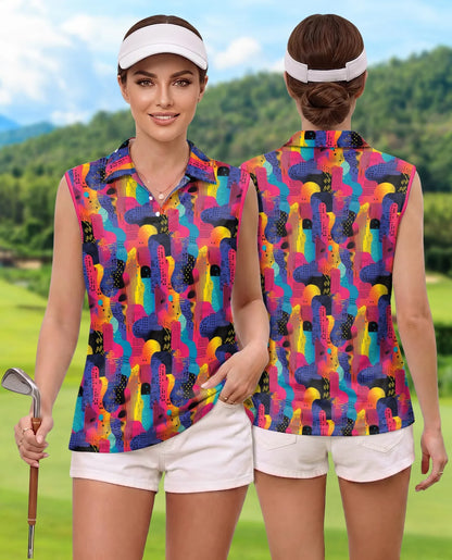 80s Memphis Pattern Sleeveless Polo Shirt for Women | Azhawaiian