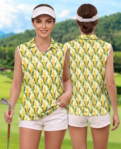 Sweet Corn Pattern Sleeveless Polo Shirt for Women, Cute Food Lover Style | Azhawaiian