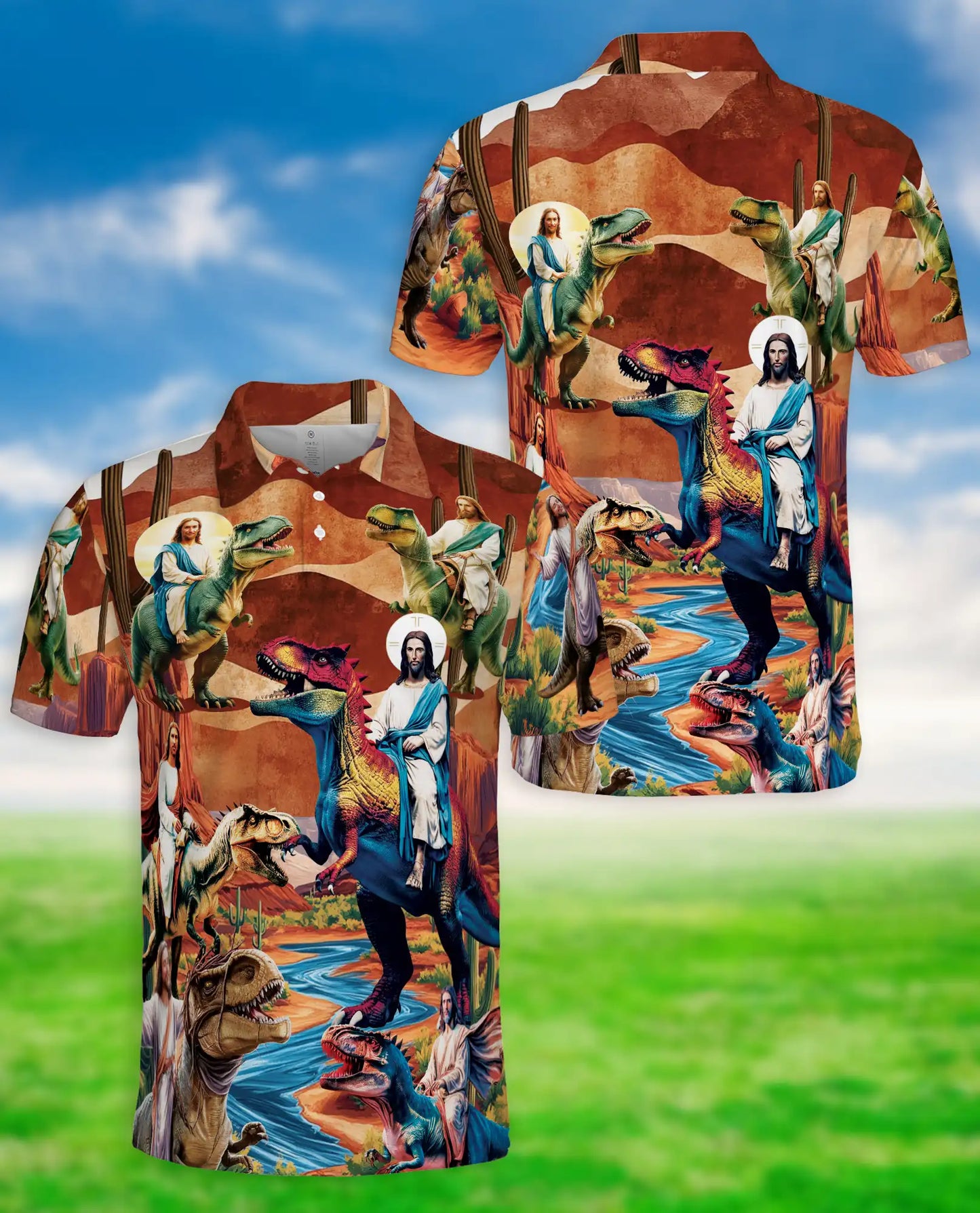 Jesus Dinosaur Polo Shirt, Fantasy Desert Print | Azhawaiian