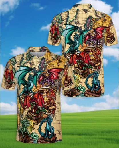 Dragon Library Polo Shirt - Fantasy Book Lover Style | Azhawaiian